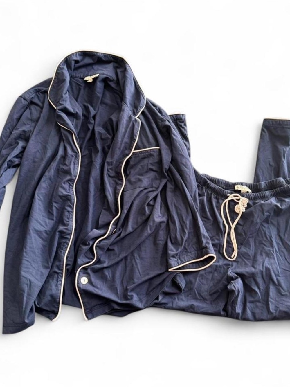 Navy Blue Cotton Pajama Set with Contrast Piping